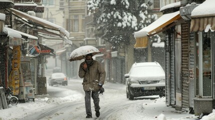 Istanbul Turkey. A man walks under a heavy snow in downtown Istanbul.