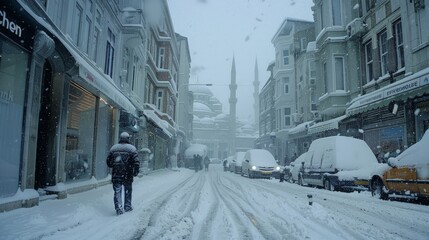 Istanbul Turkey. A man walks under a heavy snow in downtown Istanbul.