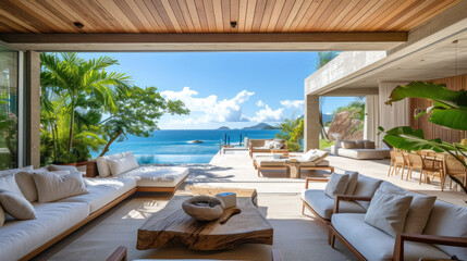 Fototapeta premium open-air lounge area of a luxurious oceanfront property, featuring contemporary design elements and breathtaking sea views.