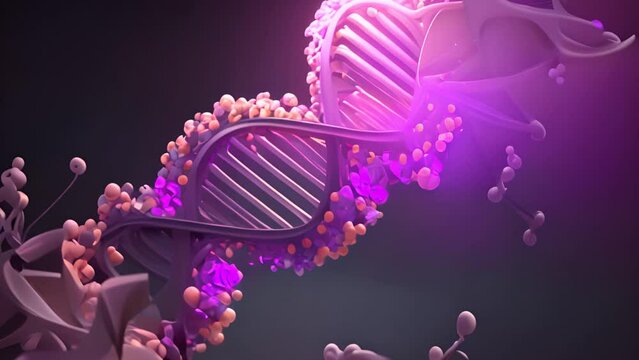 3D animation of abstract DNA on black background. Conceptual design of genetic information for science animation. multicolored Dna molecule. DNA molecules in chromosomes. science, biology.Abstract