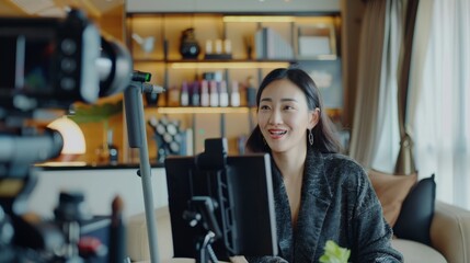 Fototapeta na wymiar Asian businesswoman working from home live video interaction with customers using camera device vlogging selling make up products,