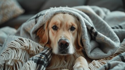 Bored young golden retriever dog under light gray plaid. Pet warms under a blanket in cold winter weather.