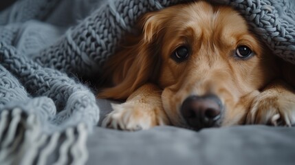 Bored young golden retriever dog under light gray plaid. Pet warms under a blanket in cold winter weather.