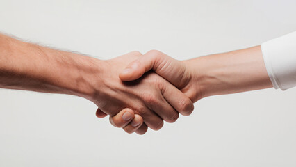 Partnership Handshake on White Background. Two hands engage in a firm handshake, symbolizing partnership and agreement, essence of collaboration and trust.