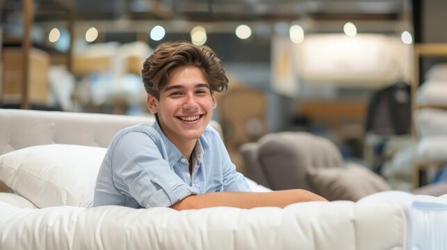 Cheerful young man smiling, sitting on a new bed at furniture store. Attractive male customer buying orthopedic mattress at furnishings shop.