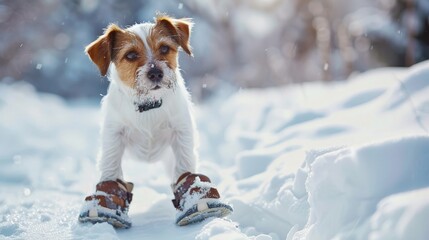 Cute little terrier wearing snow shoes on all four paws for protection and a warm coat against the cold winter weather standing on fresh snow looking alertly off to the right - obrazy, fototapety, plakaty
