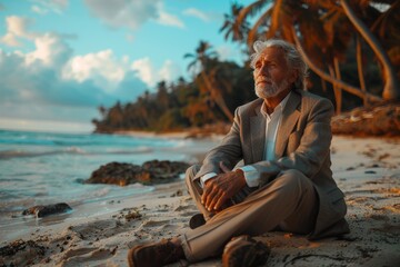 Senior businessman in pensive mood sits on sandy beach, surrounded by palm trees