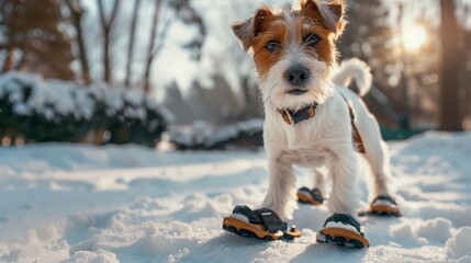 Cute little terrier wearing snow shoes on all four paws for protection and a warm coat against the cold winter weather standing on fresh snow looking alertly off to the right - obrazy, fototapety, plakaty