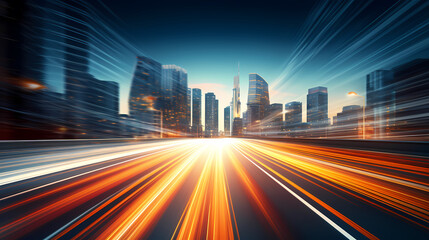 Fototapeta premium Vibrant long exposure night shot of busy traffic and skyscrapers in modern city city center