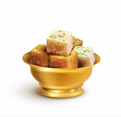 Bowl with sweets halwa and lokum (Turkish delight). Isolated on white. Vector illustration.