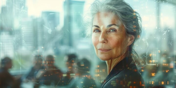 Mature Caucasian Woman Exudes Authority And Confidence Among A Group Of Business Professionals In A Conference Meeting, While The City Office Building Forms A Striking Backdrop. 