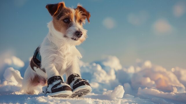 Cute little terrier wearing snow shoes on all four paws for protection and a warm coat against the cold winter weather standing on fresh snow looking alertly off to the right