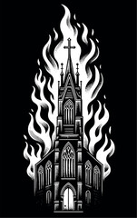 Gothic Church Engulfed in Stylized Flames