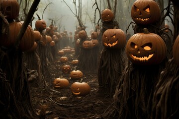 Enchanted Pumpkin forest halloween scary. Fear wood. Generate Ai