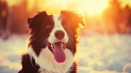 Lovely dog close up portrait posing outdoors with a funny emotion, showing his long tongue and a smiley face. Overjoyed border collie puppy enjoy the cold winter morning in the nature. - obrazy, fototapety, plakaty