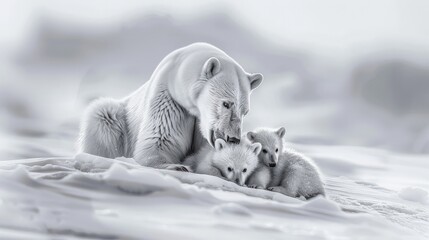 Polar she-bear with cubs. A Polar she-bear with two small bear cubs. Around snow.Black and white photo.