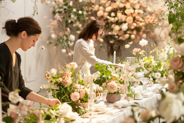 Two female wedding planners dressing a table for a wedding