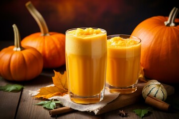 Refreshing Pumpkin healthy drink glass. Autumn orange fall vitamin diet. Generate Ai