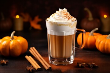 Warm Pumpkin latte drink. Glass table. Generate Ai