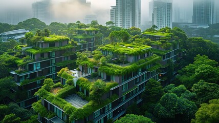 Obraz premium Urban green spaces, a cityscape with lush green rooftop gardens and vertical green walls promoting sustainable urban living