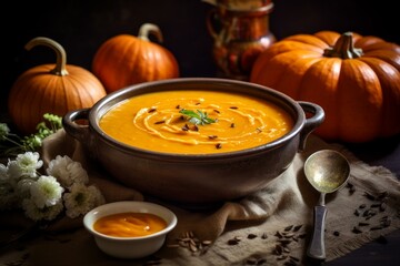 Creamy Pumpkin soup. Creamy orange plate. Generate Ai