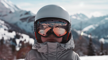 Kid wearing ski googles with mountains reflection on it - obrazy, fototapety, plakaty