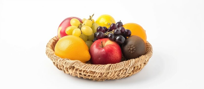 A white basket overflowing with a variety of fresh, ripe fruits such as apples, oranges, bananas, grapes, and strawberries. The fruits are neatly arranged and visually appealing against the clean