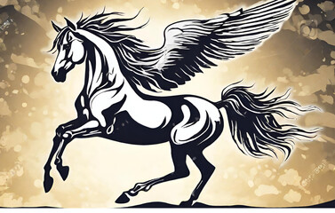 A black horse with wings that says pegasus on it, Black pegasus silhouette on golden background