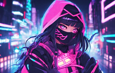 Anime ninja girl illustration, Dark Ninja Anime Neon Vibes Wearing Black Ninja Outfit Cool Aesthetic In The City