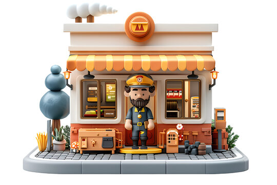 A 3D animated cartoon render of a train ticket booth with a friendly attendant.