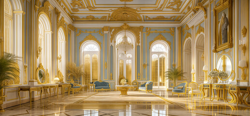 luxurious gold interior. luxury rich sitting room interior with antique expensive furniture in baroque style. - obrazy, fototapety, plakaty