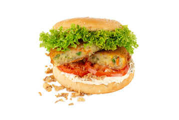 A cheese-free vegetarian burger made from vegetables and breadcrumbs, stacked with onion rings, slice of tomato and curly lettuce, in a bap. Isolated on white.