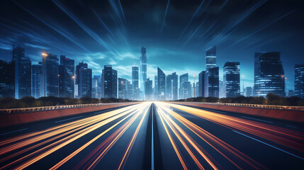Fototapeta premium Vibrant long exposure night shot of busy traffic and skyscrapers in modern city city center