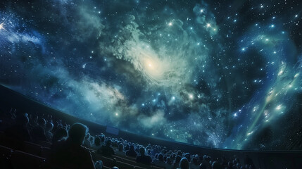 Visitors Observing Galaxies at a Space Planetarium Exhibit