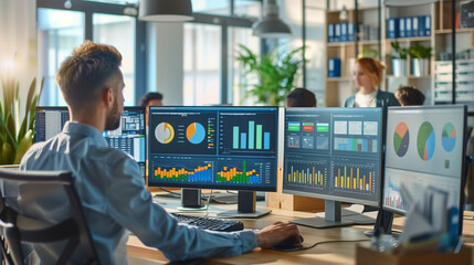 Data Analyst Working with Interactive Statistics on Multiple Computer Screens