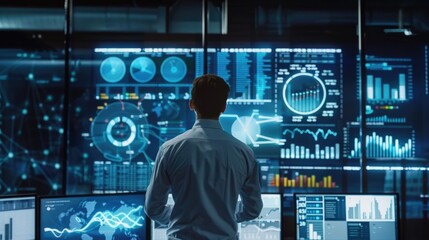  backside of businessman working with business data graph diagram chart showing financial marketing of futuristic finance.