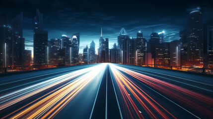 Vibrant long exposure night shot of busy traffic and skyscrapers in modern city city center