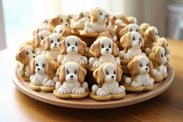 Mischievous Puppy funny stand on table biscuits. Care domestic. Generate Ai