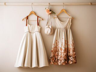 two delicate spring summer dresses hang on wooden hangers on a light retro background. Vintage style dresses.