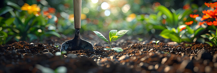 Growing plant seedlings in the ground in sunlight ,
Planting a small plant on a pile of soil with Gardening tools on green bokeh background.

 - obrazy, fototapety, plakaty