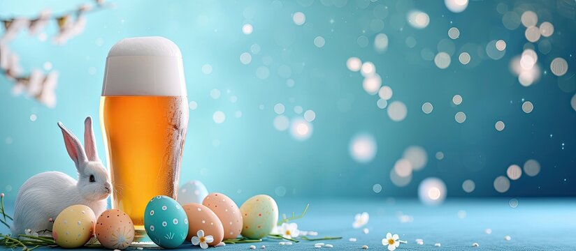 A glass of beer stands next to a bunny greeting, inspired by Easter, against a blue backdrop.