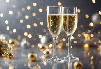 A glass of champagne on a silver background with highlights for christmas and new year With technolo