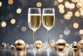 A glass of champagne on a silver background with highlights for christmas and new year With technolo