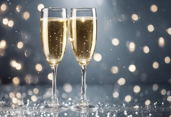 A glass of champagne on a silver background with highlights for christmas and new year With technolo