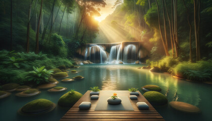 Tranquil forest waterfall with meditation space and yoga mats.