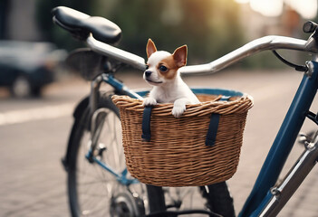 A small dog sits in a bicycle basket with an action effect With technology