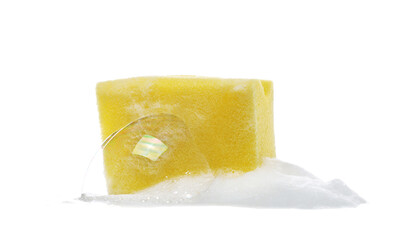 Colorful soap foam, bubbles and yellow sponge isolated on white, with clipping path