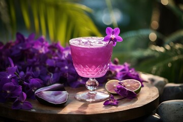 Vibrant Purple cocktail outdoor. Drink garden. Generate Ai