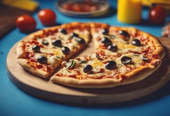 Bright background for National Pizza Day colorful colors in a modern style Blue and yellow backgroun