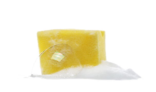 Colorful soap foam, bubbles and yellow sponge isolated on white, with clipping path